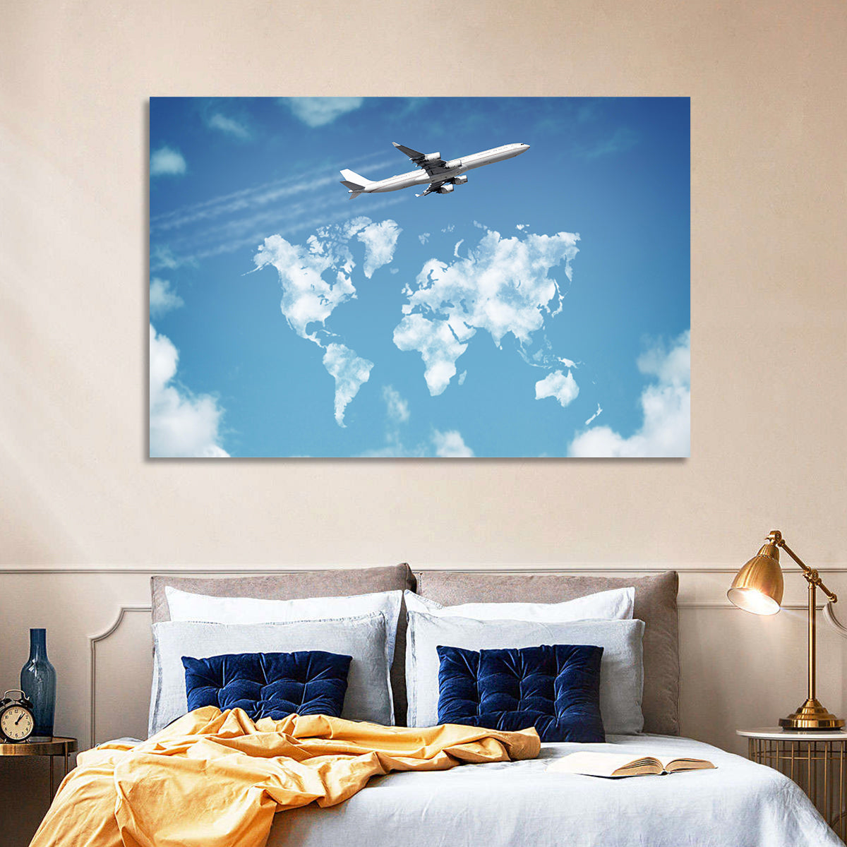 Jet Over Cloud World Map Wall Art