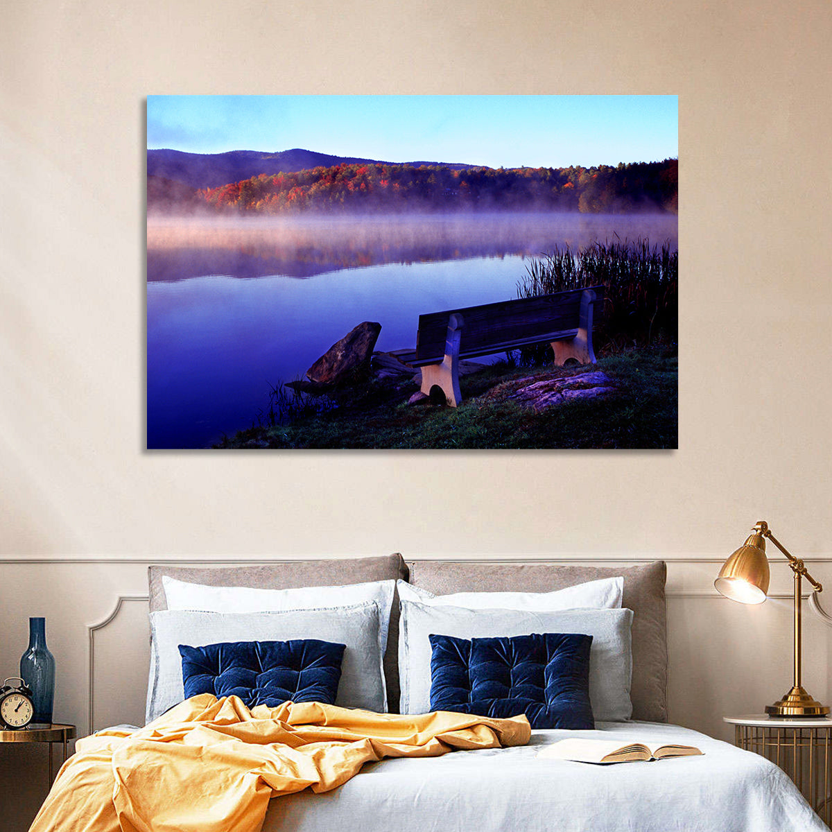 Bench at Misty Lake Sunrise Wall Art in a room, landscape