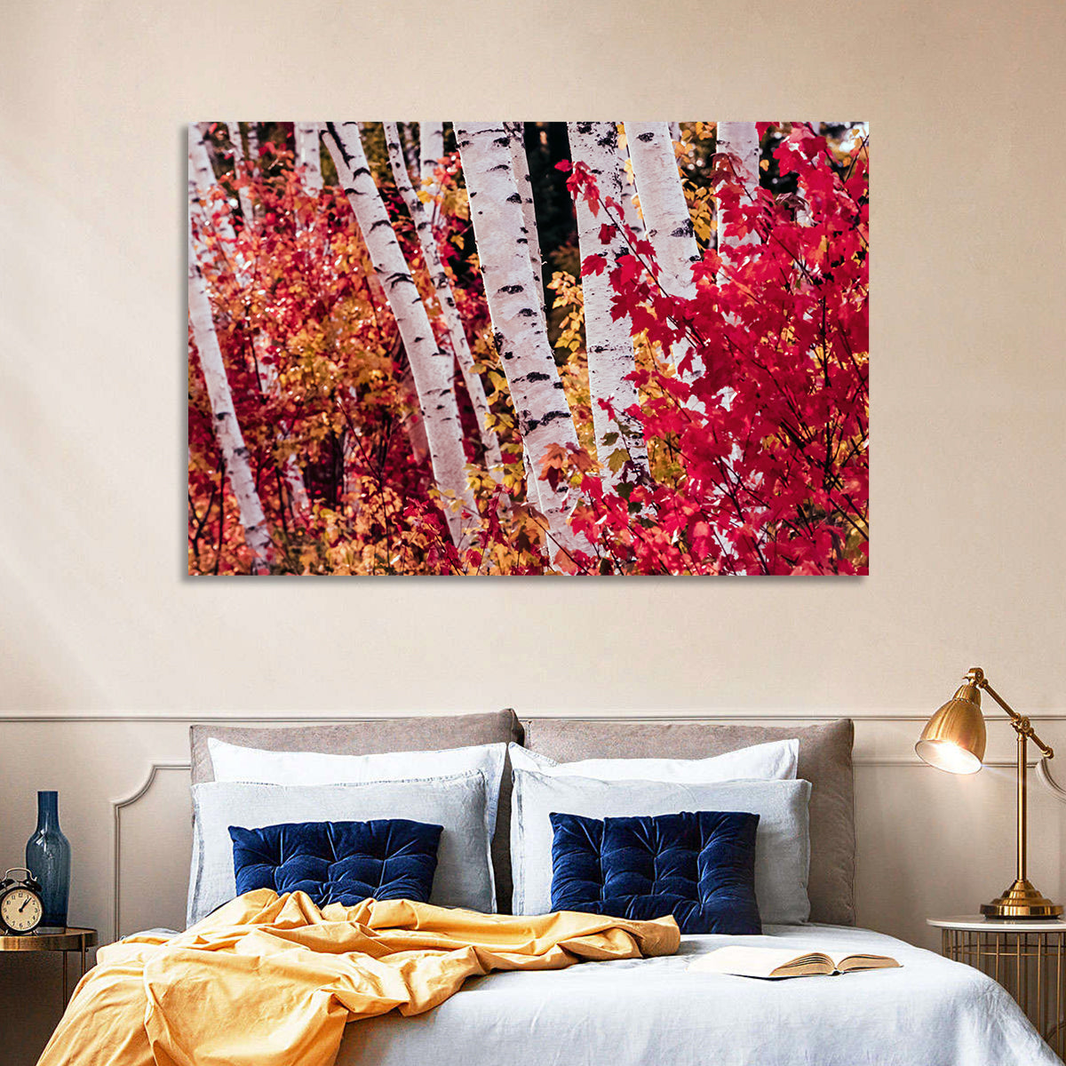 Autumn Birches with Crimson Maples Wall Art in a room, landscape