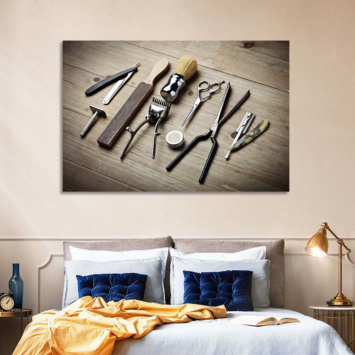 Vintage Barber Tools on Wooden Workbench Wall Art in a room, landscape