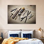 Vintage Barber Tools on Wooden Workbench Wall Art