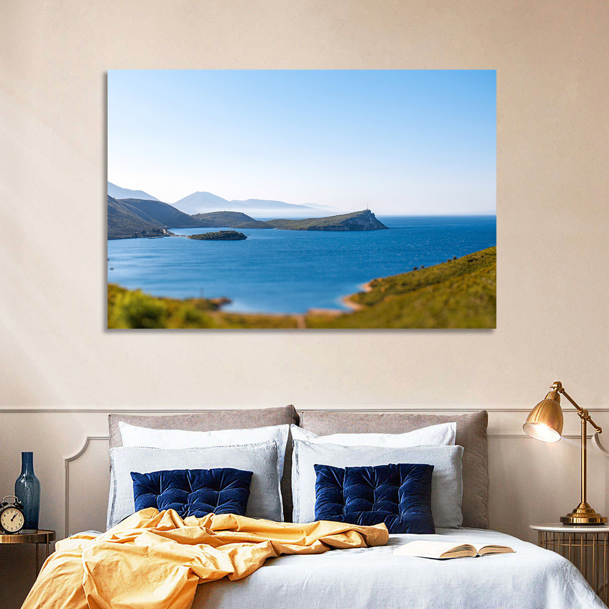 Coastal Cliffs and Lighthouse Bay Wall Art in a room, landscape