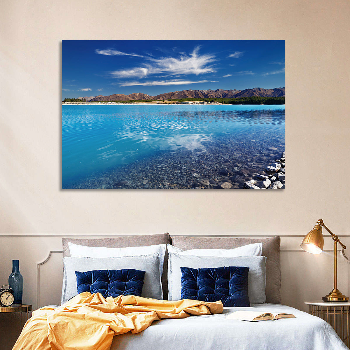 Lake Pukaki Pebble Shore Wall Art in a room, landscape