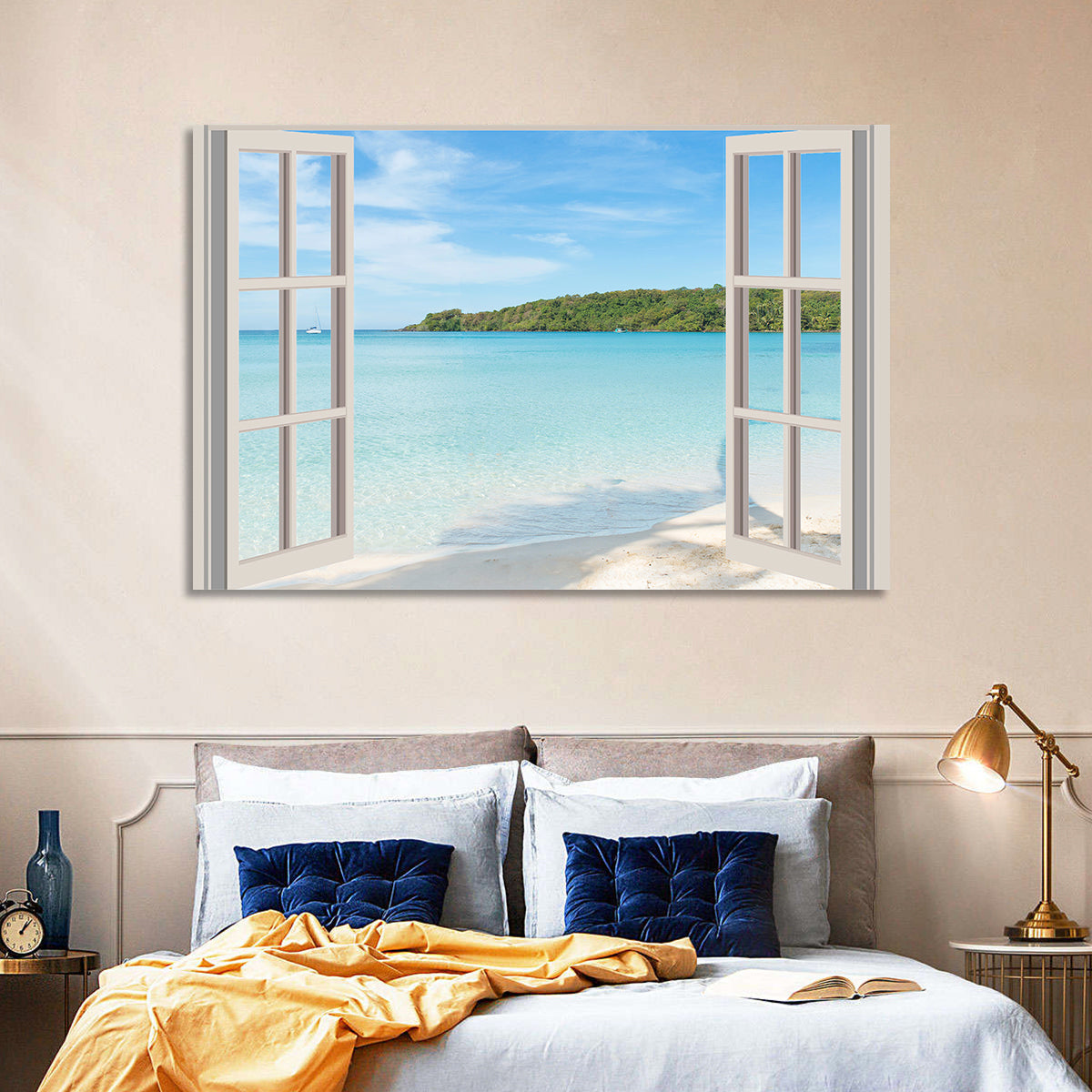 Turquoise Beach View Through Window Wall Art in a room, landscape