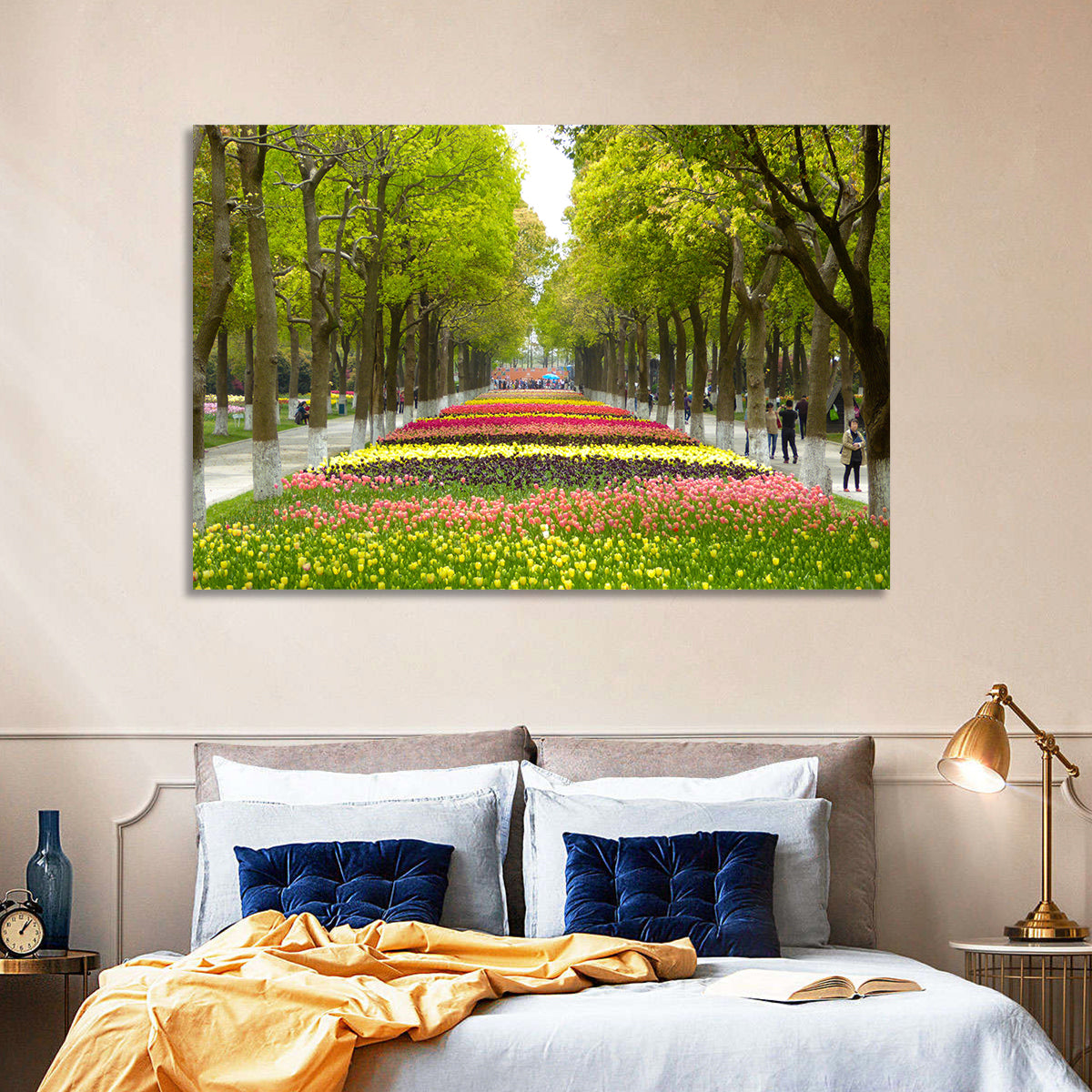 Tree-lined Tulip Garden Path Wall Art in a room, landscape
