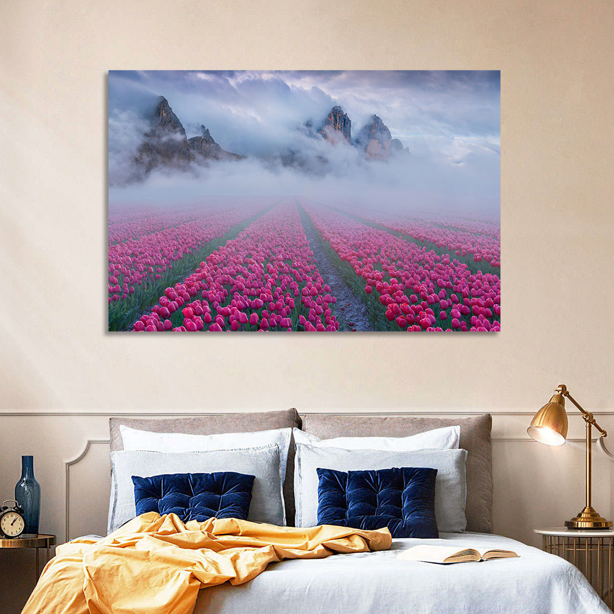Misty Pink Tulip Field Wall Art in a room, landscape