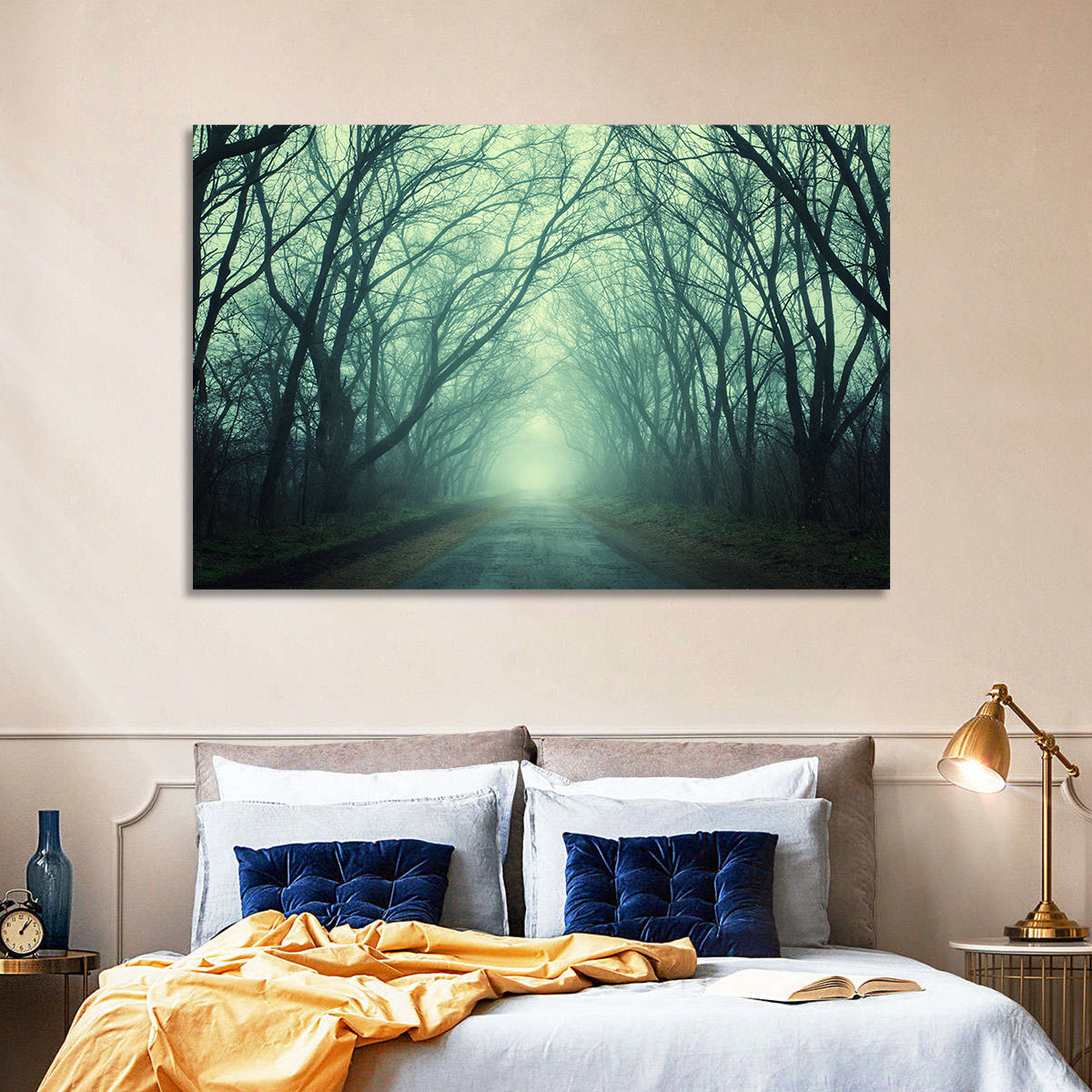Foggy Forest Pathway Wall Art in a room, landscape