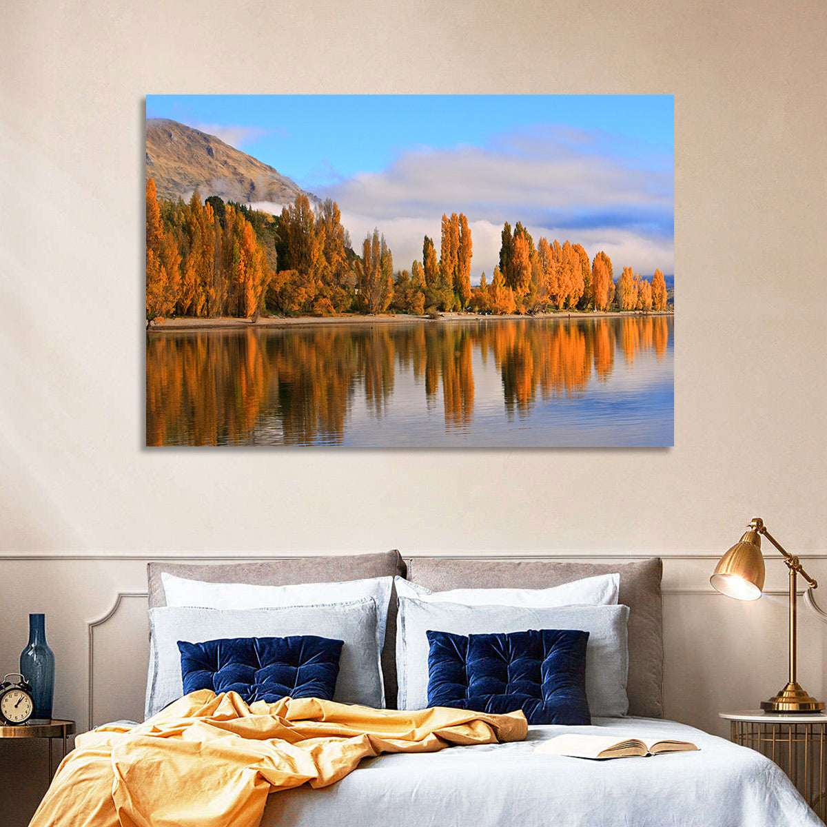 Lake Wanaka Autumn Reflection Wall Art in a room, landscape
