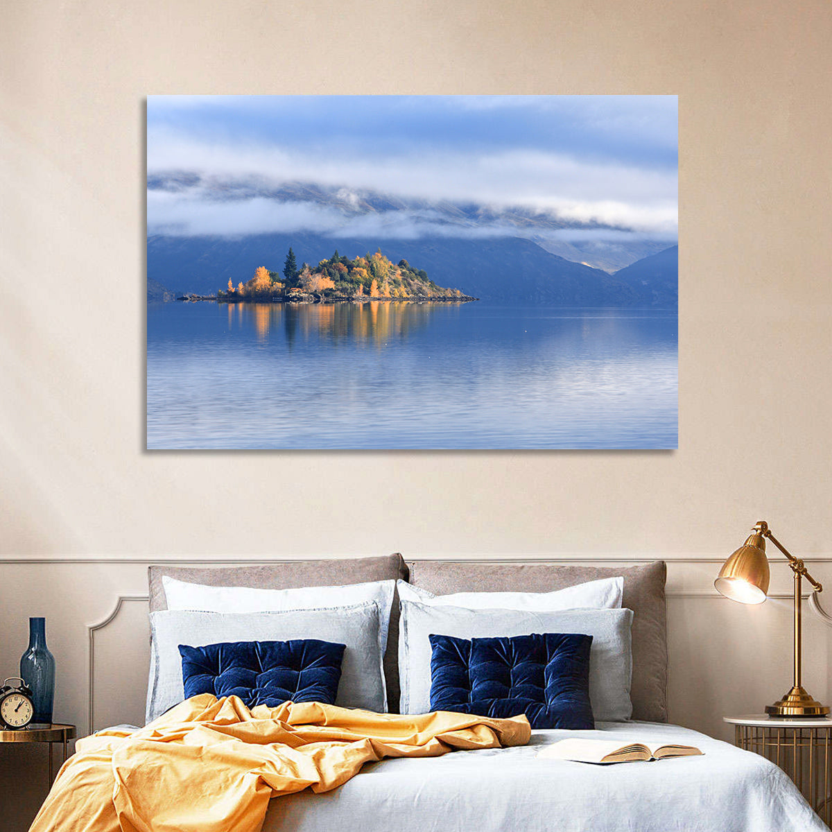 Misty Wanaka Island Reflection Wall Art in a room, landscape