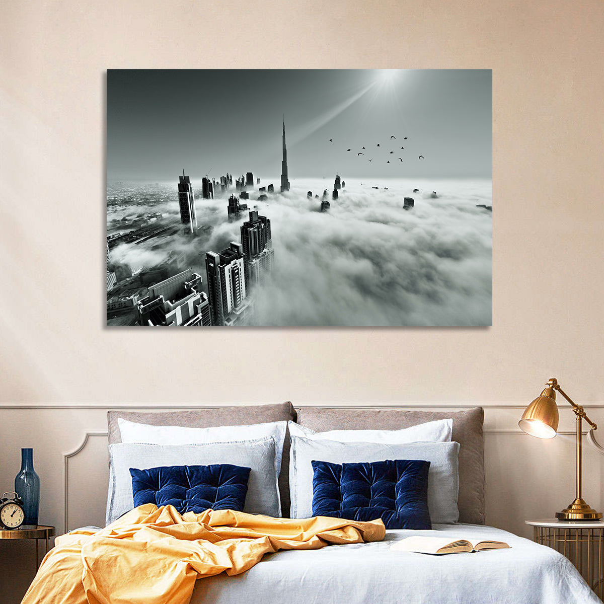 Burj Khalifa Rising Through Morning Fog Wall Art in a room, landscape