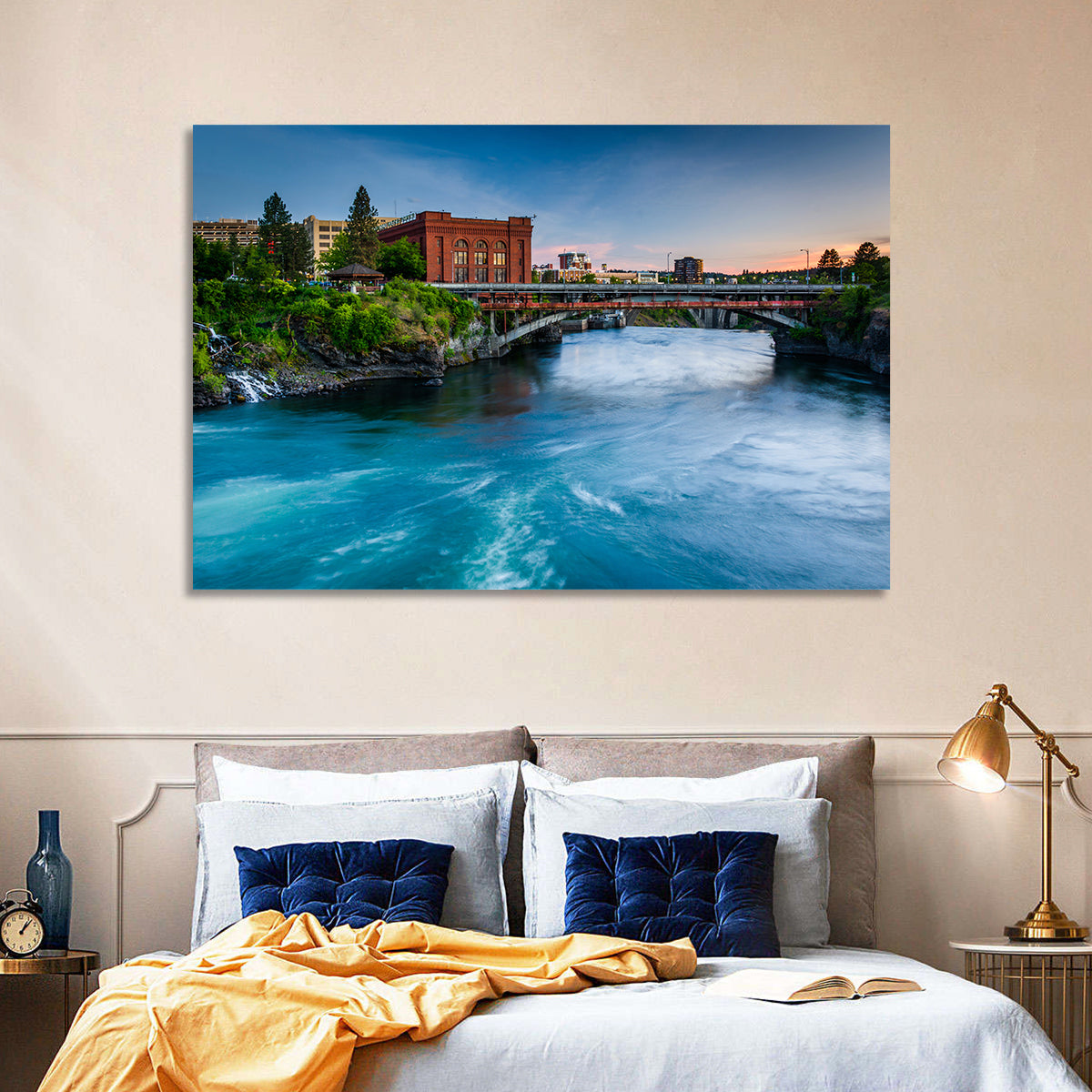 Spokane River at Twilight Wall Art in a room, landscape