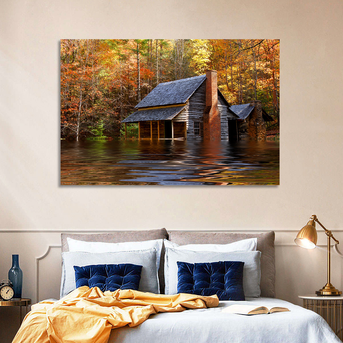 Autumn Flooded Log Cabin Wall Art in a room, landscape