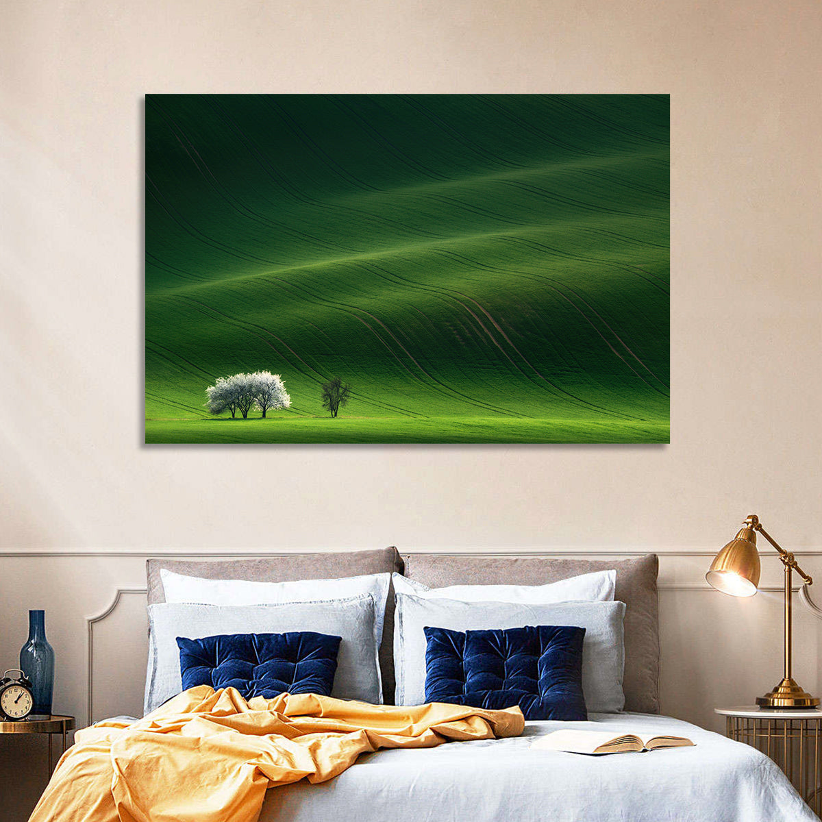 Emerald Hills with Blossoming Tree Wall Art in a room, landscape