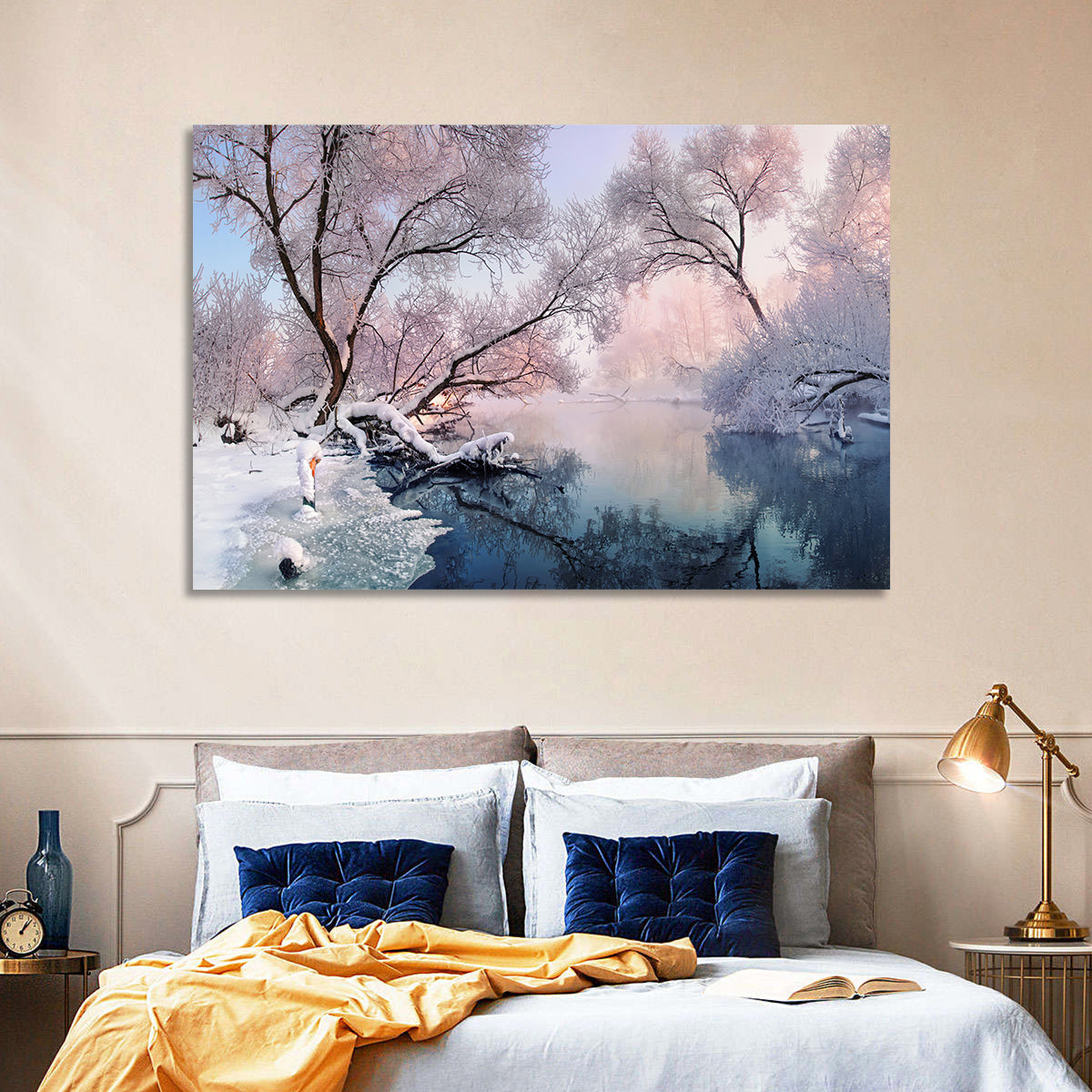 Snowy Lake Morning Mist Wall Art in a room, landscape