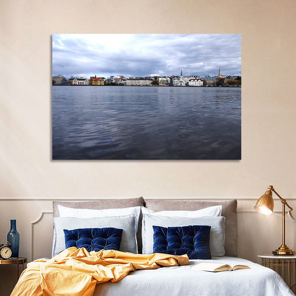 Tjörnin Reykjavik Skyline Wall Art in a room, landscape