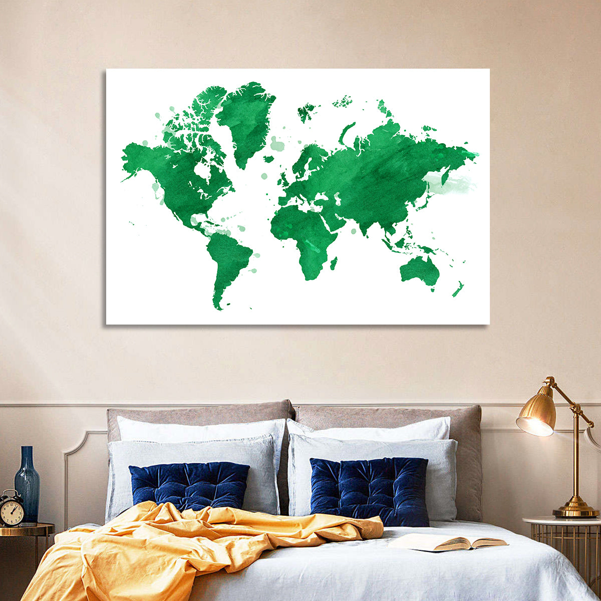 Green Watercolor World Map Wall Art in a room, landscape