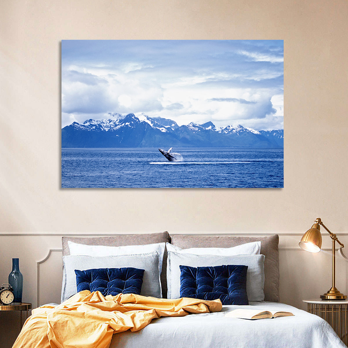 Humpback Whale with Snow Capped Mountains Wall Art in a room, landscape