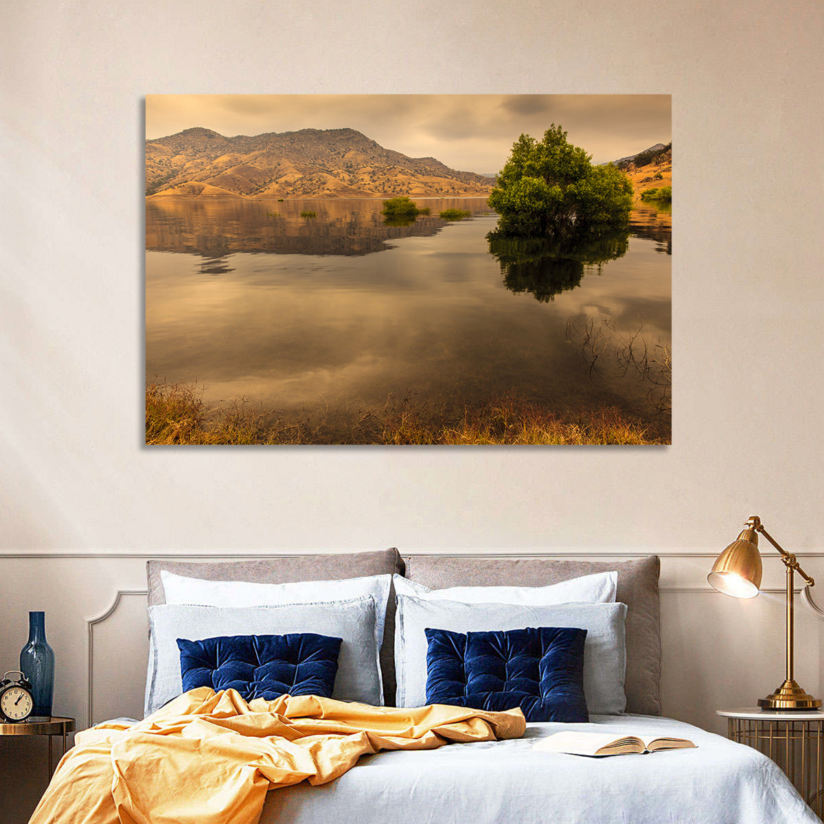 Lake Kaweah Golden Hour Reflection Wall Art in a room, landscape