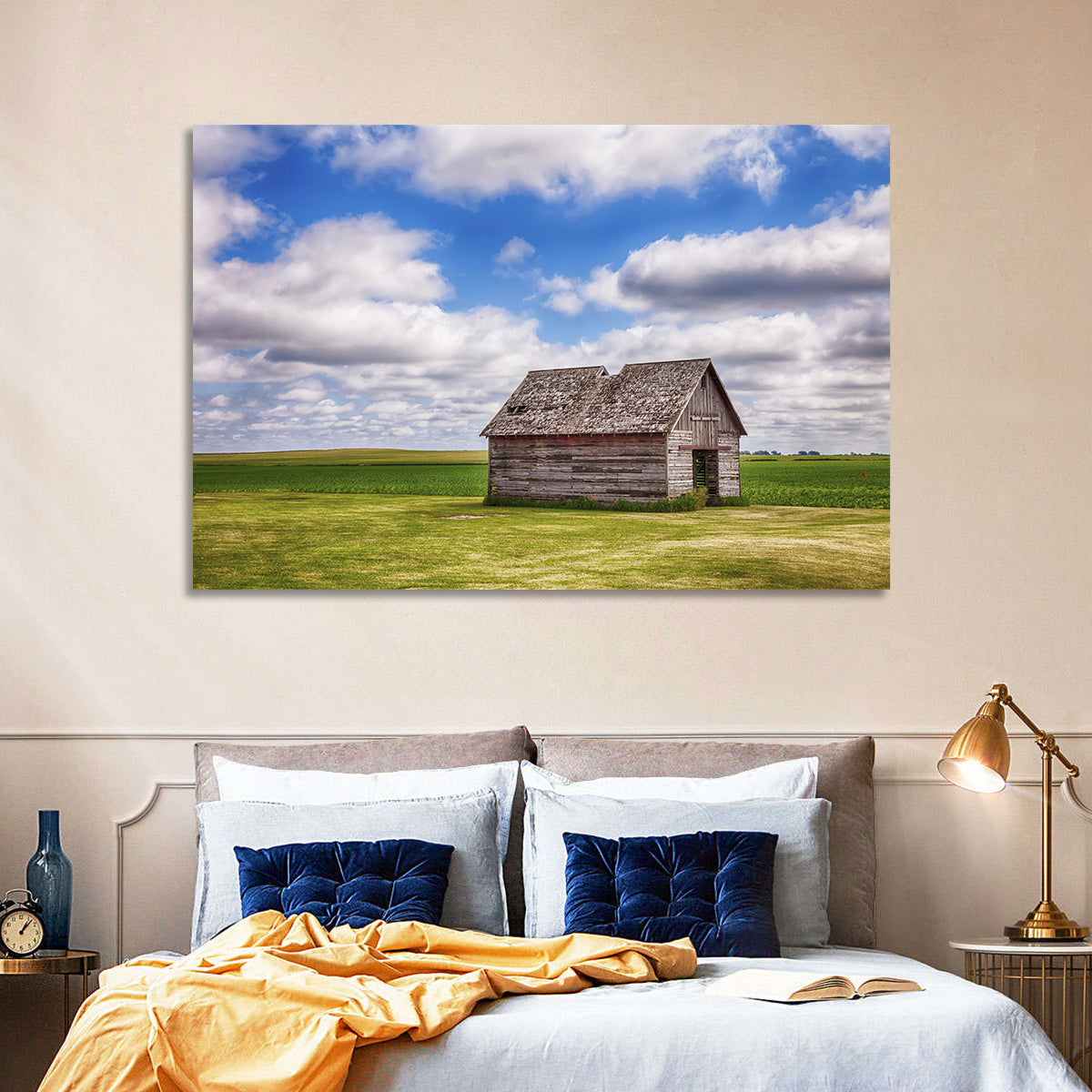 Old Farm Shed in Field Wall Art in a room, landscape