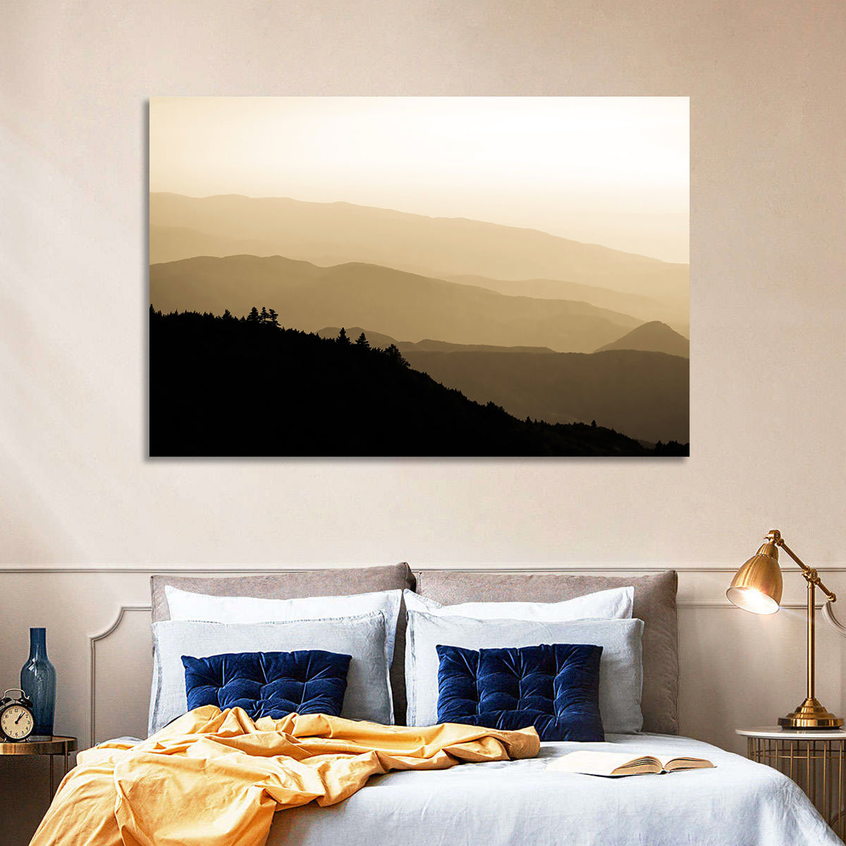 Foggy Mountain Sunset with Evergreen Silhouettes Wall Art in a room, landscape