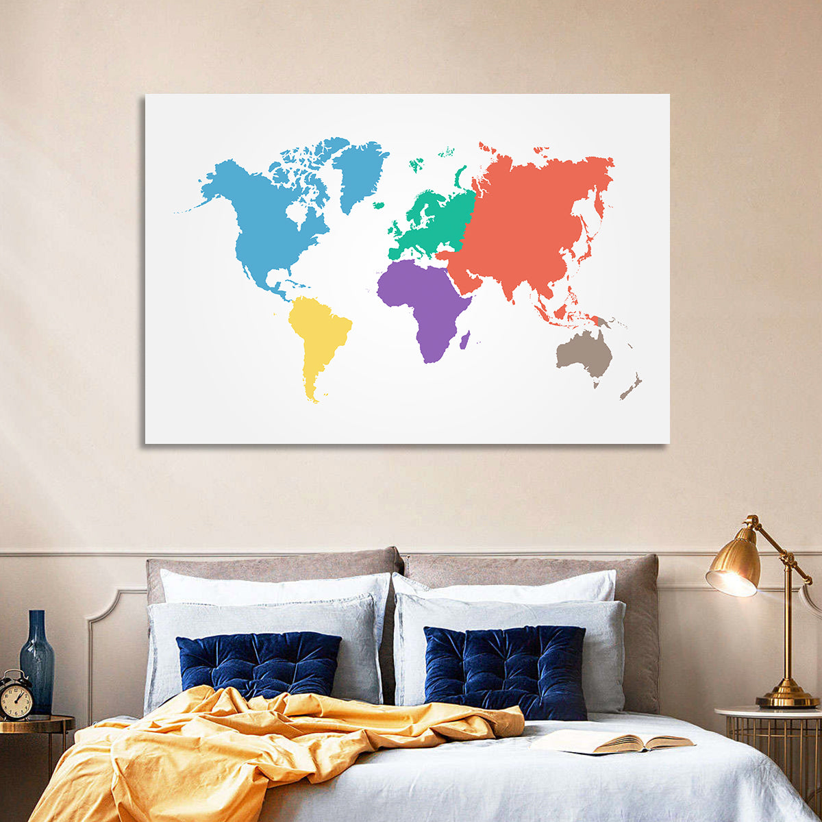 World Continents Map Wall Art in a room, landscape