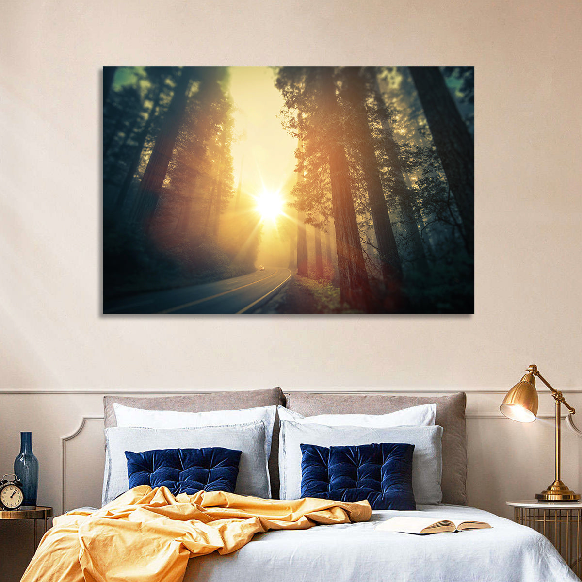 Misty Redwood Road with Golden Sunburst Wall Art in a room, landscape