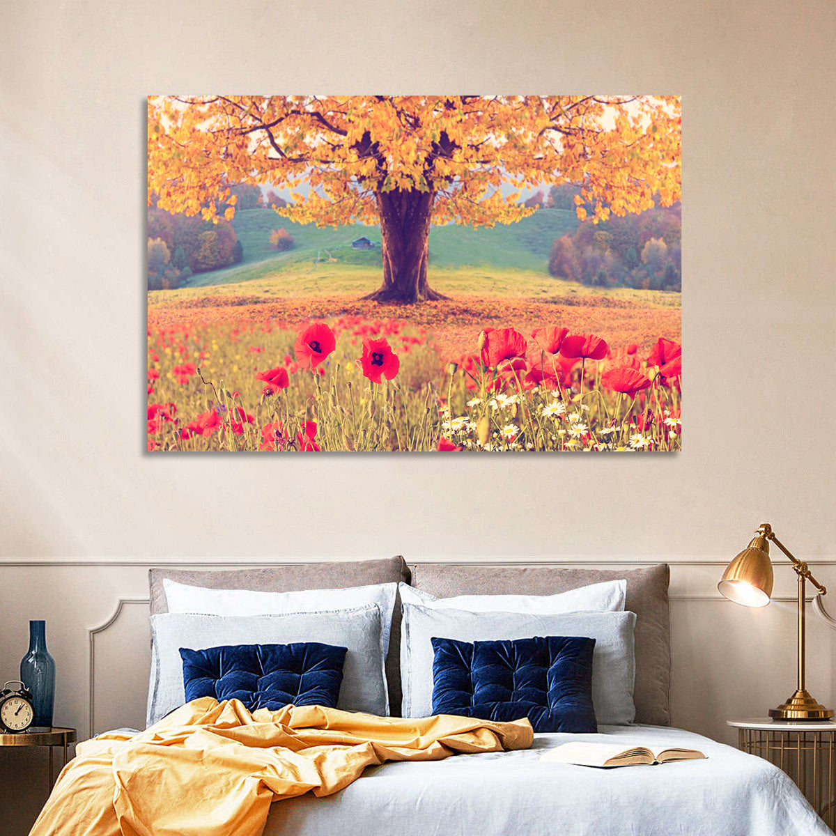 Autumn Tree and Poppy Field Wall Art in a room, landscape