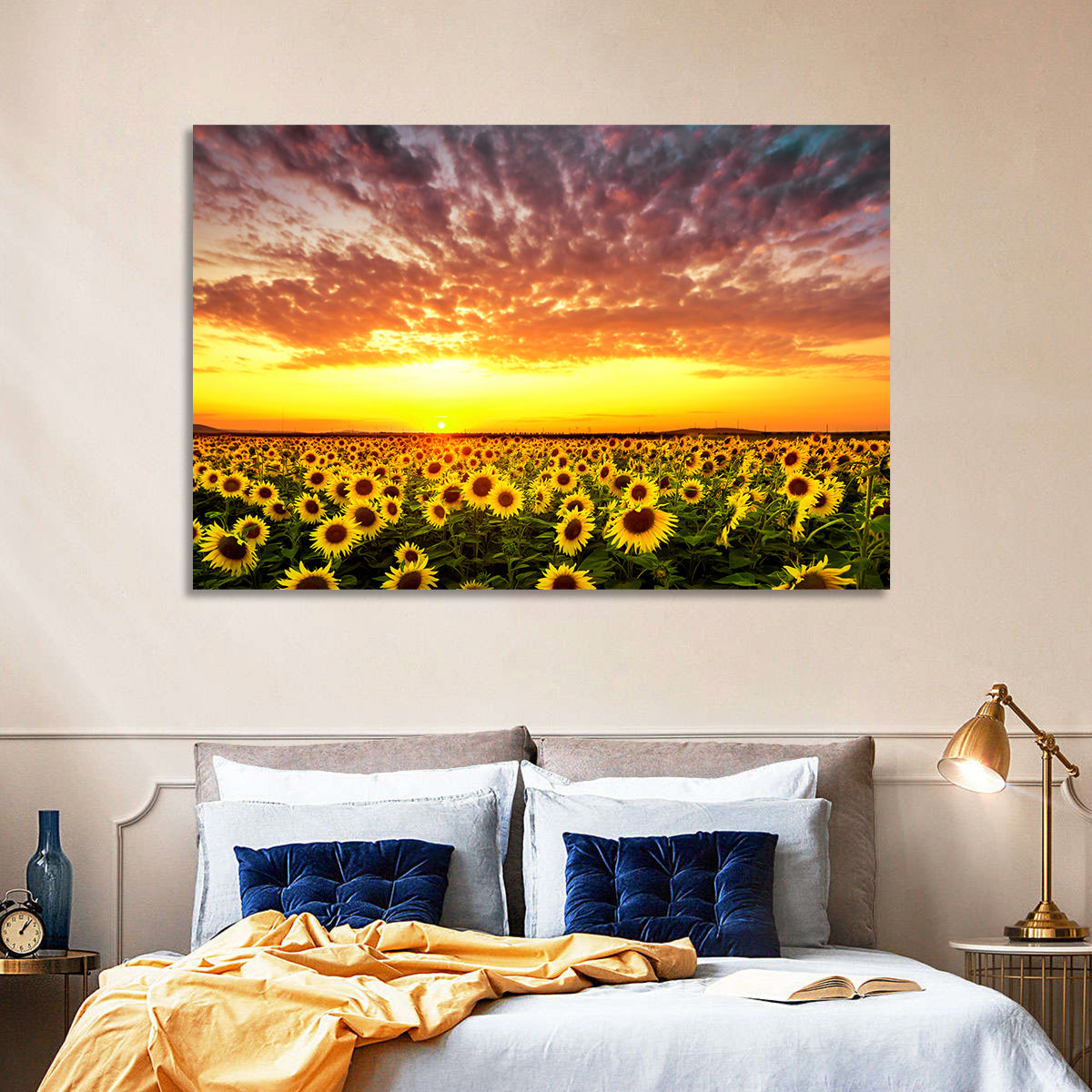 Golden Hour Sunflower Field Wall Art in a room, landscape