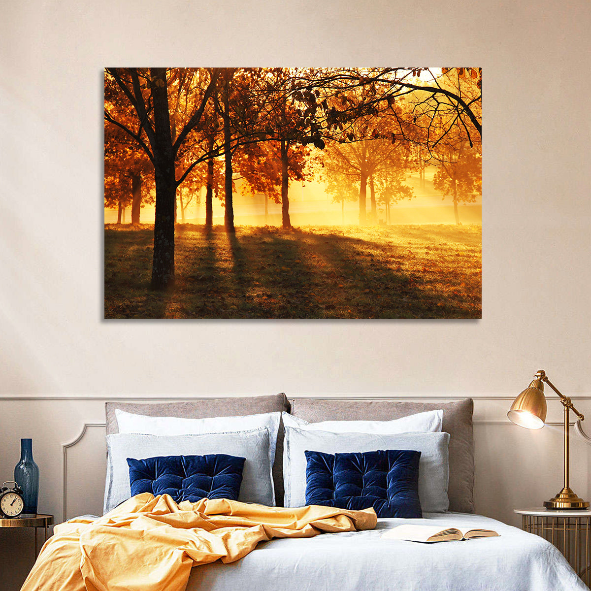 Autumn Sunbeams Through Fog Wall Art in a room, landscape