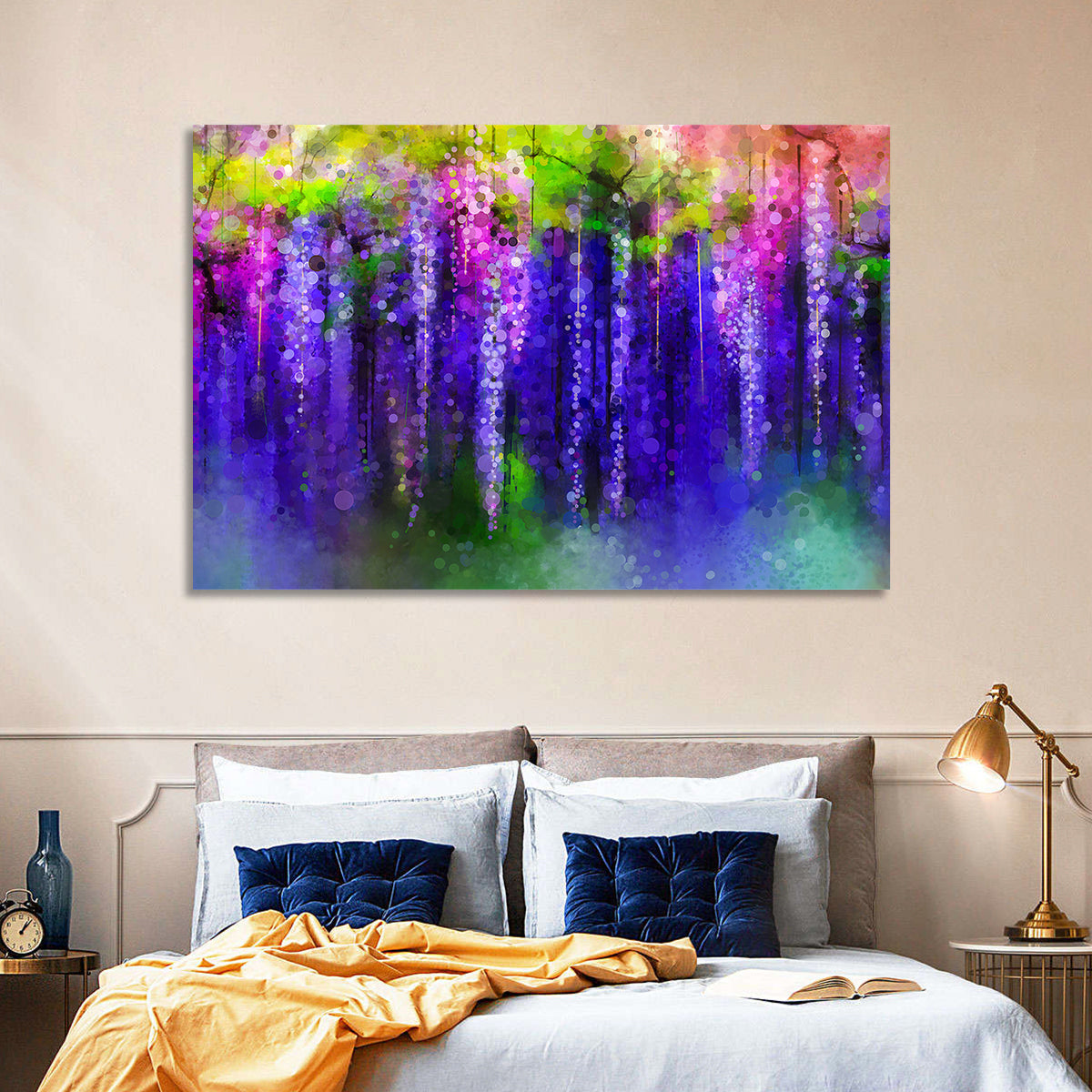 Dreamy Wisteria Vines Wall Art in a room, landscape