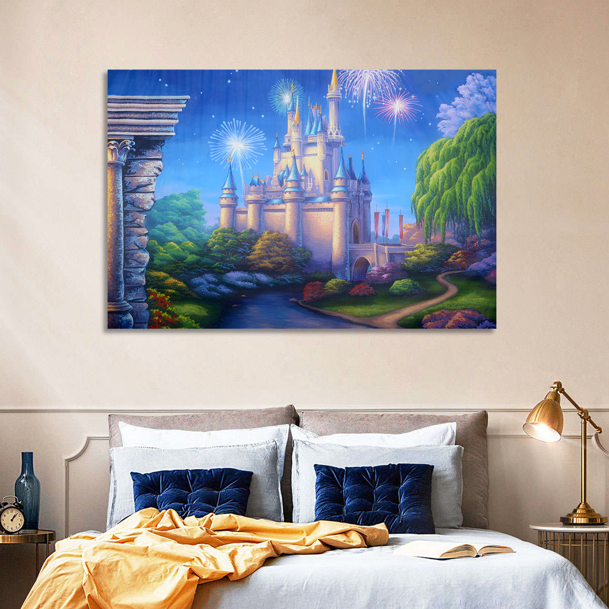 Cinderella Castle Fireworks Illustration Wall Art in a room, landscape