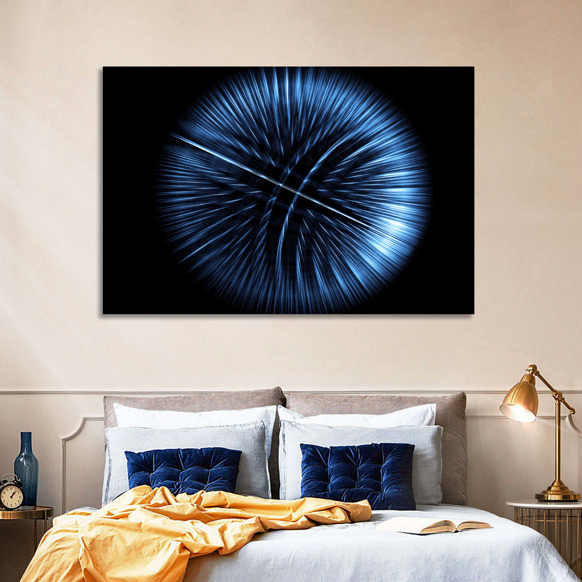 Glowing Blue Textured Sphere Wall Art in a room, landscape