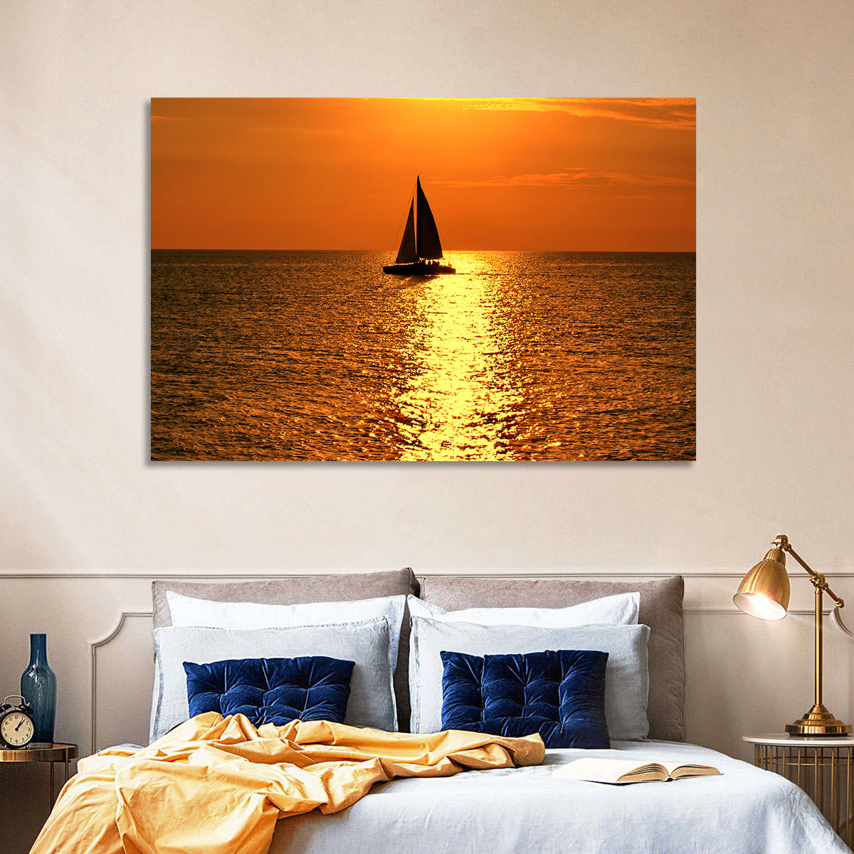 Sailboat Silhouette at Golden Sunset Wall Art in a room, landscape