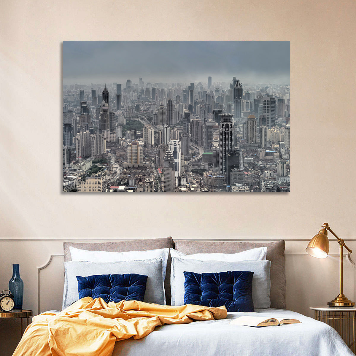 Shanghai Layered Skyline Wall Art in a room, landscape