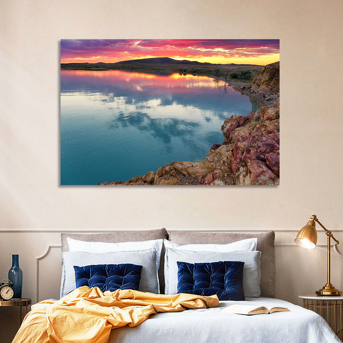 Lake Balkhash Sunset Reflection Wall Art in a room, landscape