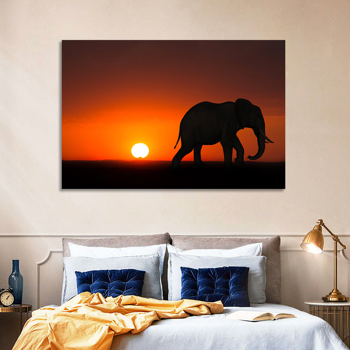 Sunset Elephant Silhouette Wall Art in a room, landscape
