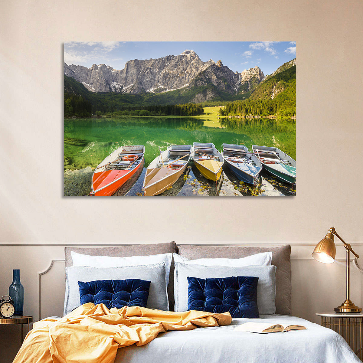 Five Boats at Lago Superiore Di Fusine Wall Art in a room, landscape