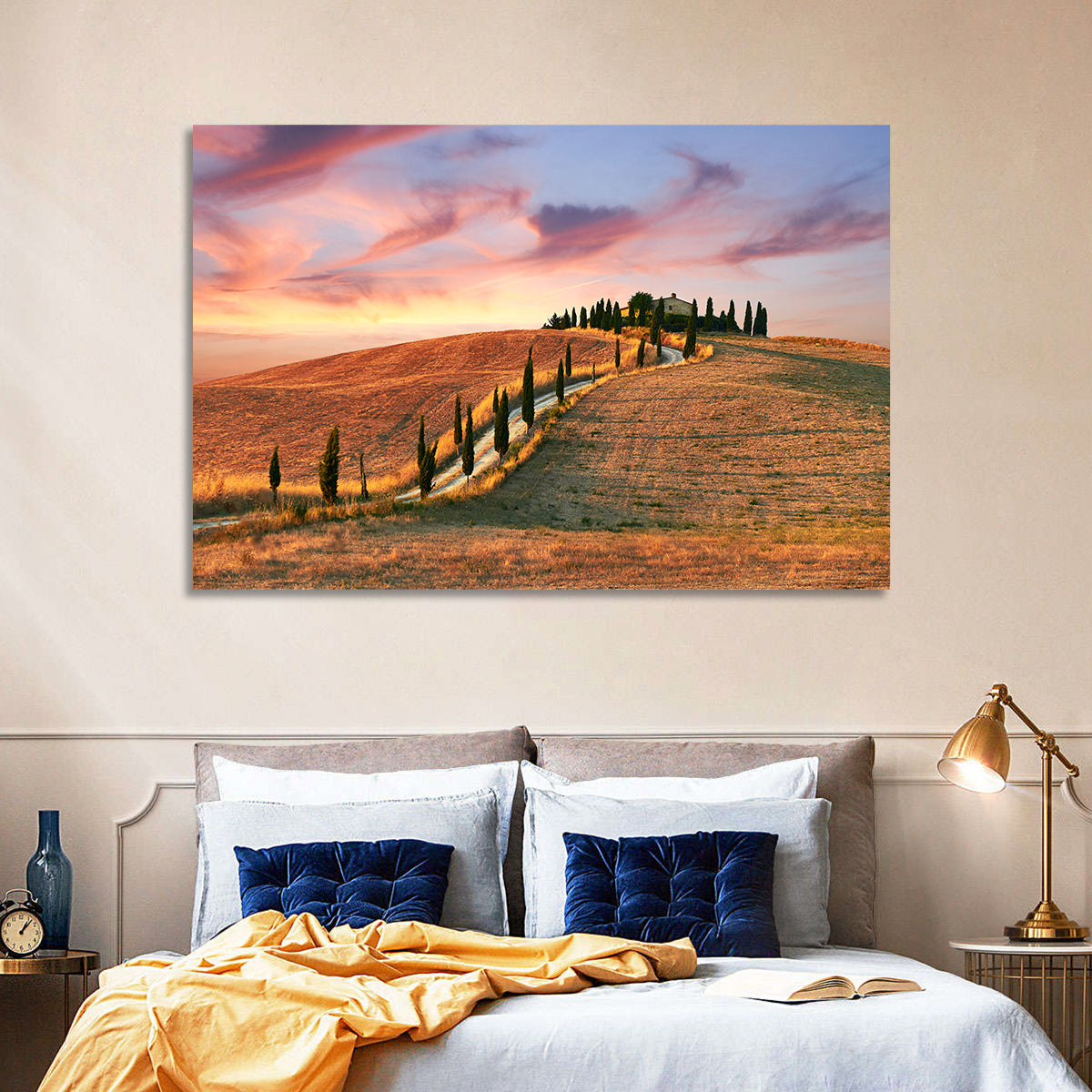 Tuscan Hilltop Road at Dusk Wall Art in a room, landscape