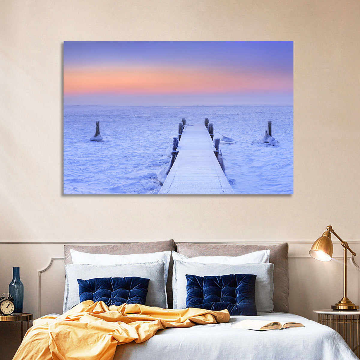 Frosted Jetty at Sunrise Wall Art in a room, landscape