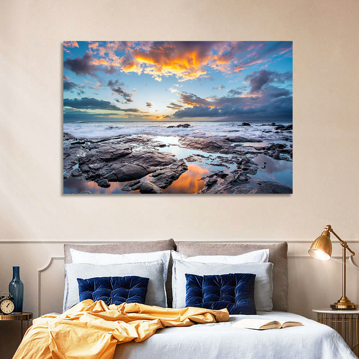 Sunset Over Volcanic Shore Wall Art in a room, landscape