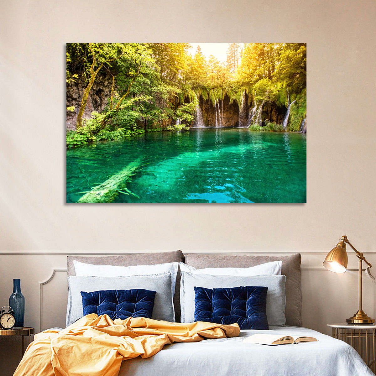 Plitvice Lake Waterfall Wall Art in a room, landscape