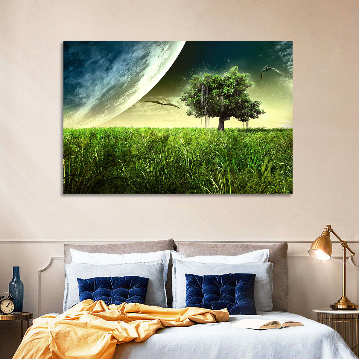 Alien Meadow Under a Giant Planet Wall Art in a room, landscape