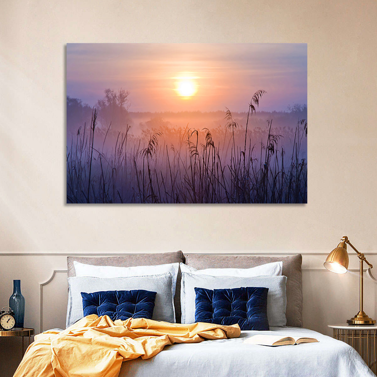 Lavender Sunrise Over Reeds Wall Art in a room, landscape