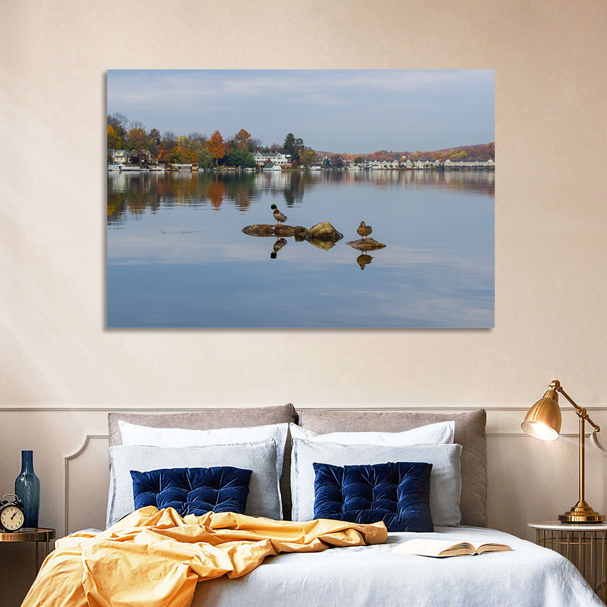 Lake Hopatcong Autumn Reflection Wall Art in a room, landscape