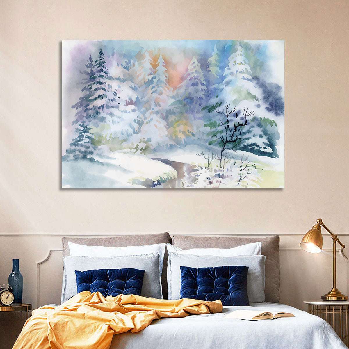 Winding Winter Stream Watercolor Wall Art in a room, landscape