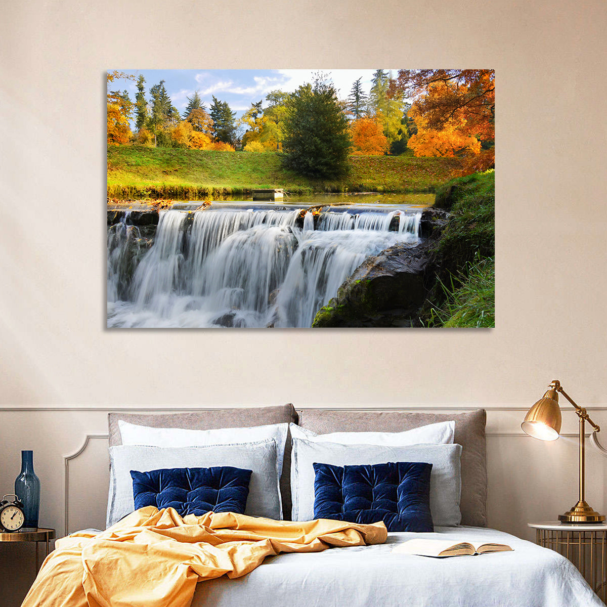 Autumn Forest Waterfall Wall Art in a room, landscape