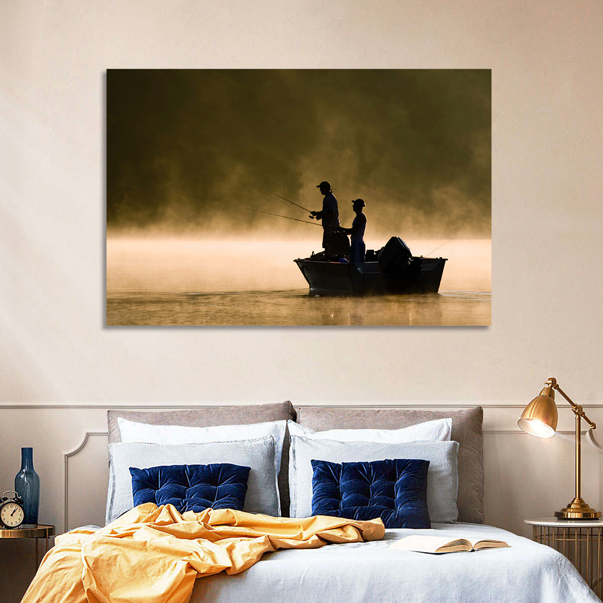 Misty Lake Fishing Wall Art in a room, landscape