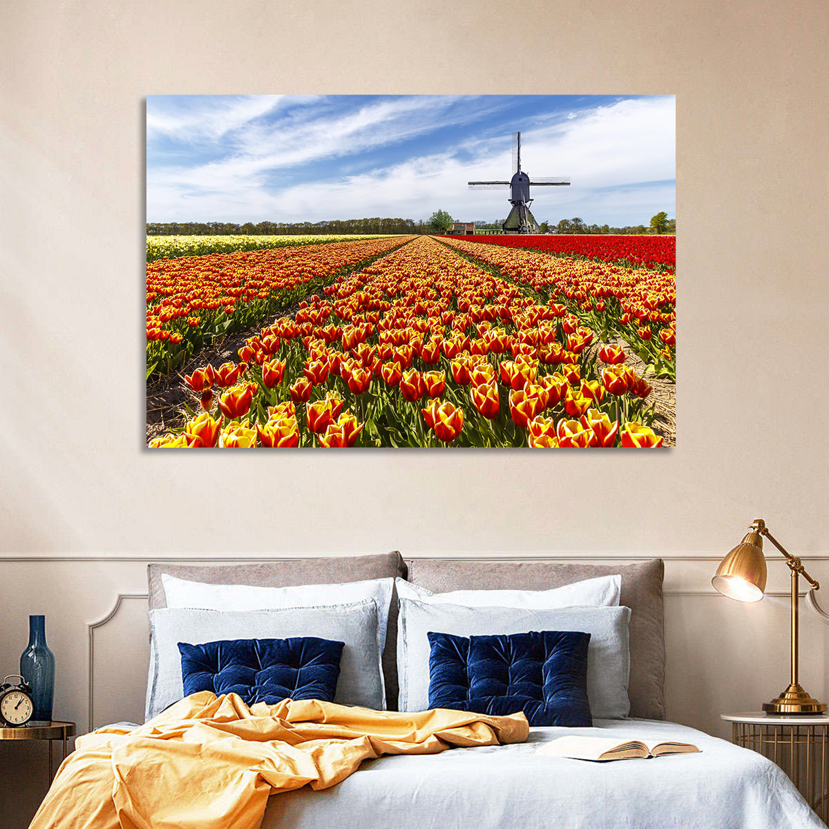 Windmill Over Tulip Fields Wall Art in a room, landscape