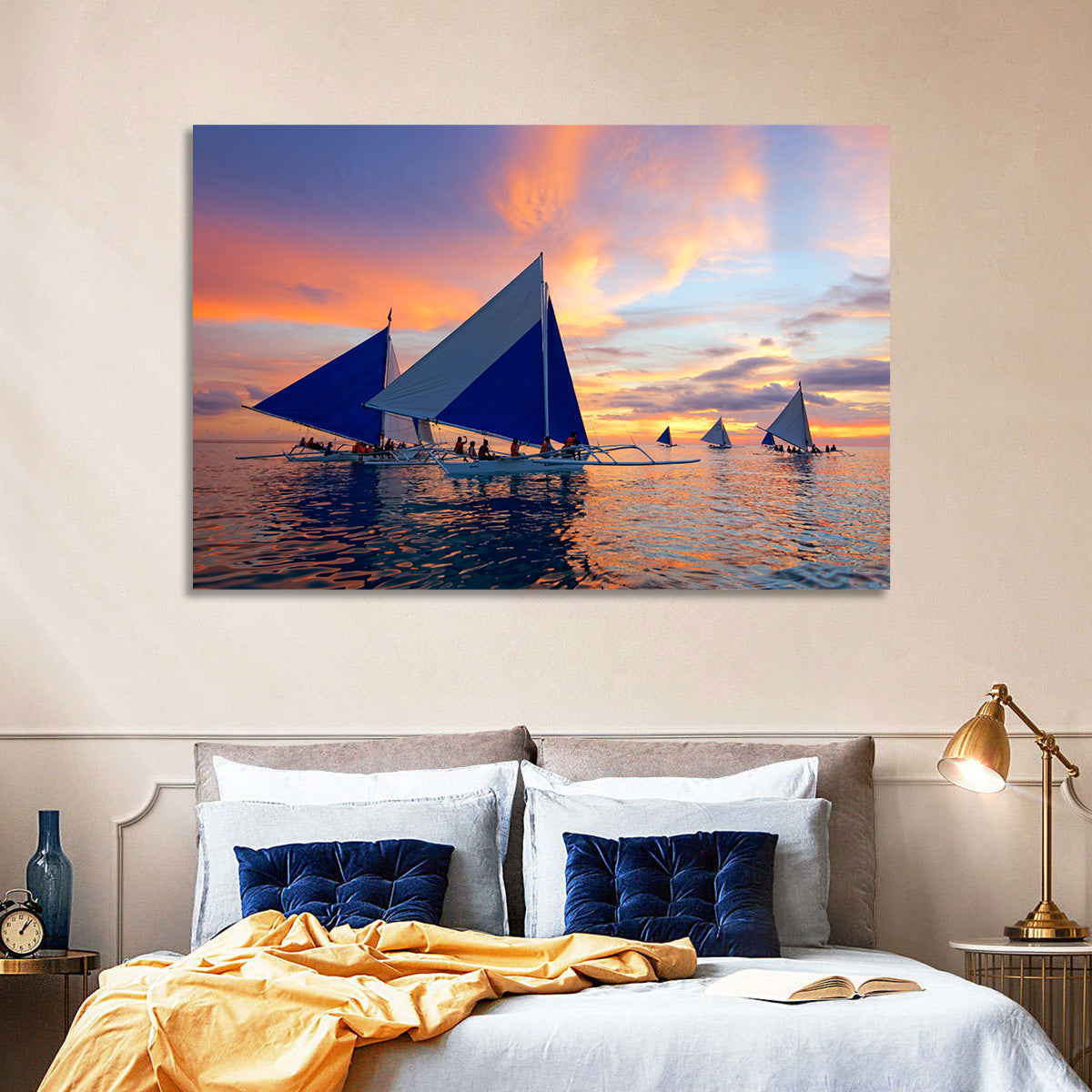 Outrigger Sailboats at Sunset Wall Art in a room, landscape