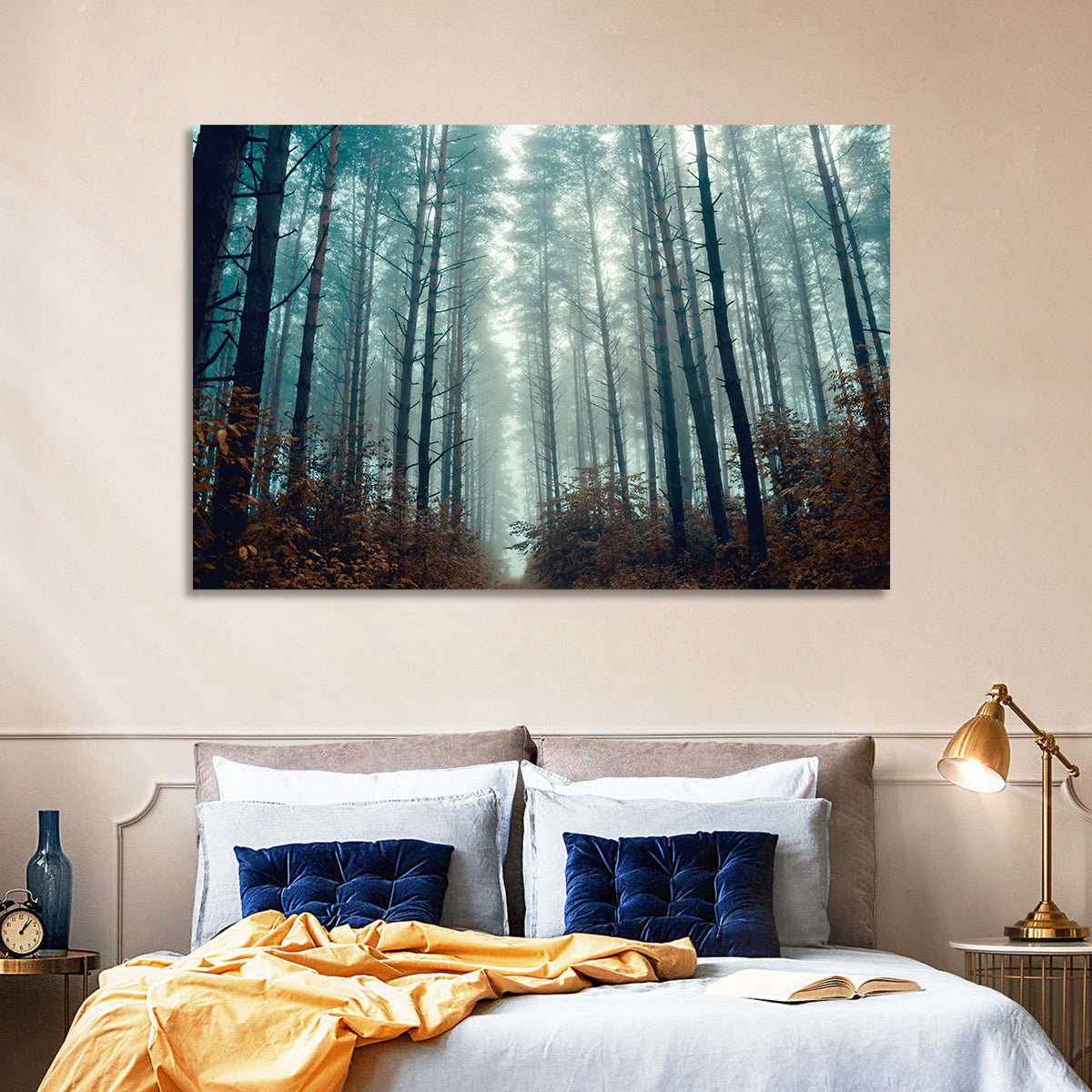 Misty Pine Forest Wall Art in a room, landscape